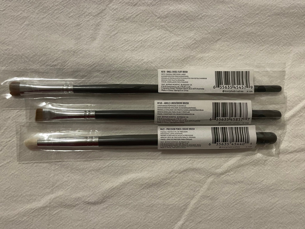 Morphe Makeup Brush Bundle (Small Chisel Fluff Brush, Precision Pencil Crease Brush, Angle Liner/Brow Brush)